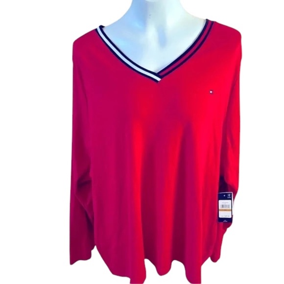 Tommy Hilfiger NEW Women's Sweater Preppy Classic Red V Neck Flag Logo 3X - Picture 1 of 7